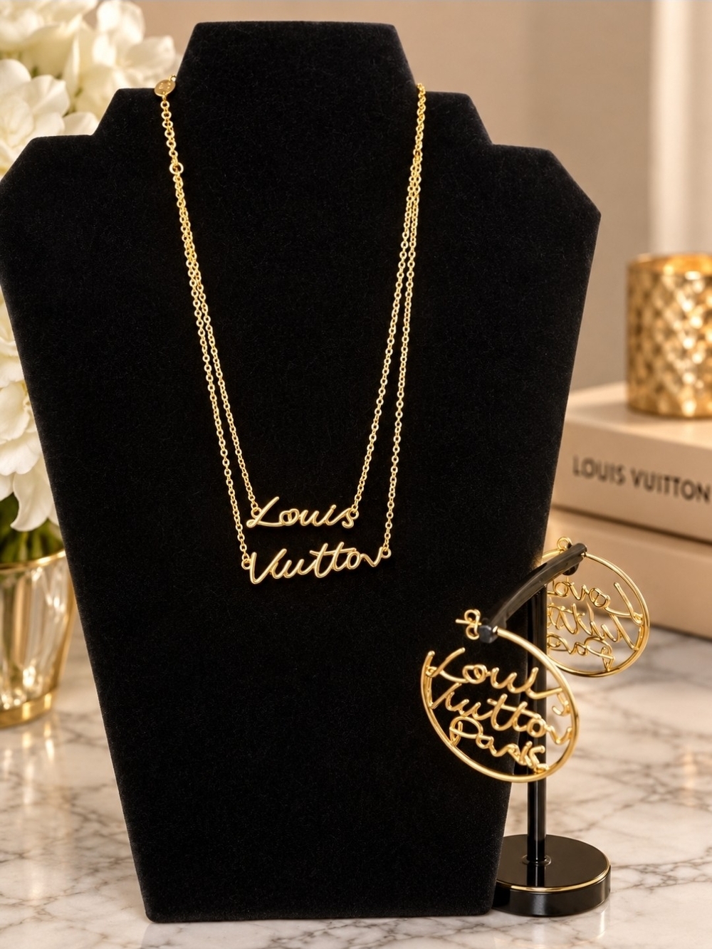 Gold-Tone Script Layered Necklace and Hoop Earrings Set - Gold